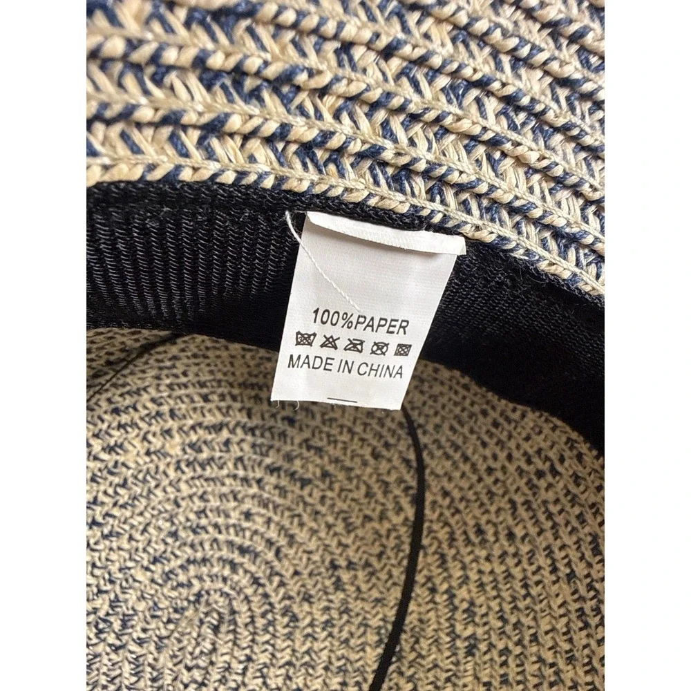 Woven Paper Straw Wide Brim Sun Hat Navy Tan Marled with Wood Bead Band